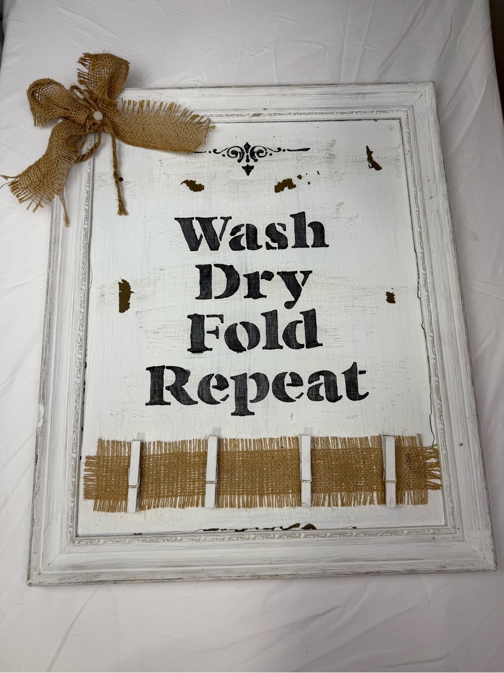 Rustic Laundry Wall Sign "Wash Dry Fold Repeat" in White and Burlap